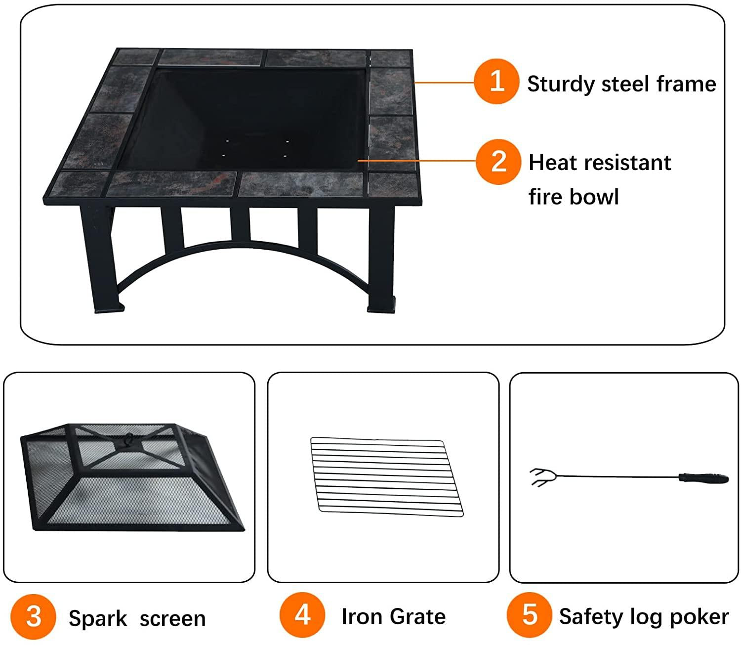 Patio Fire Pits for Outside 35'' Wood Burning Square Marble Tile Tabletop Fire Tables