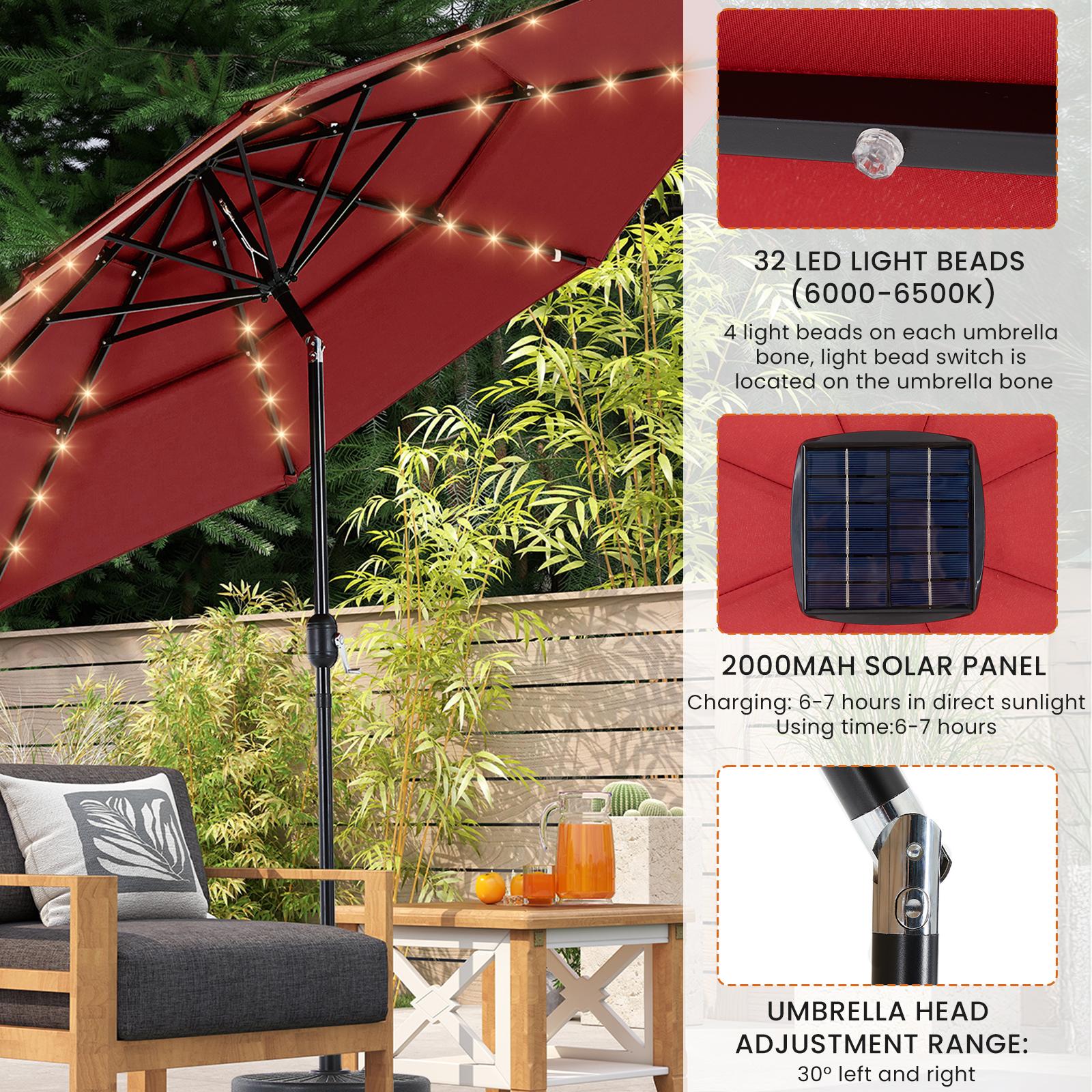 10FT 3-Tier Solar Patio Umbrella with 32 LED Lights, Outdoor Umbrellas with Push Button Tilt and Crank