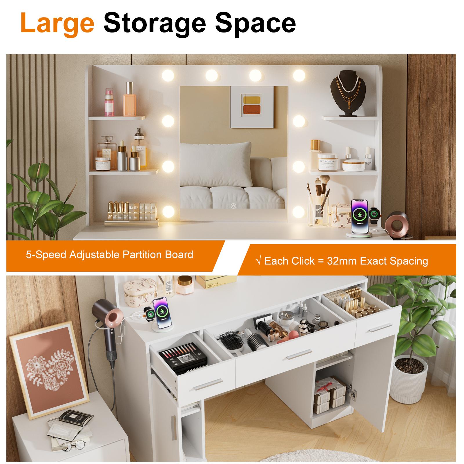 Dressing table and mirror, dressing table and bedroom dressing table with 3-color light options for adjustable brightness, white