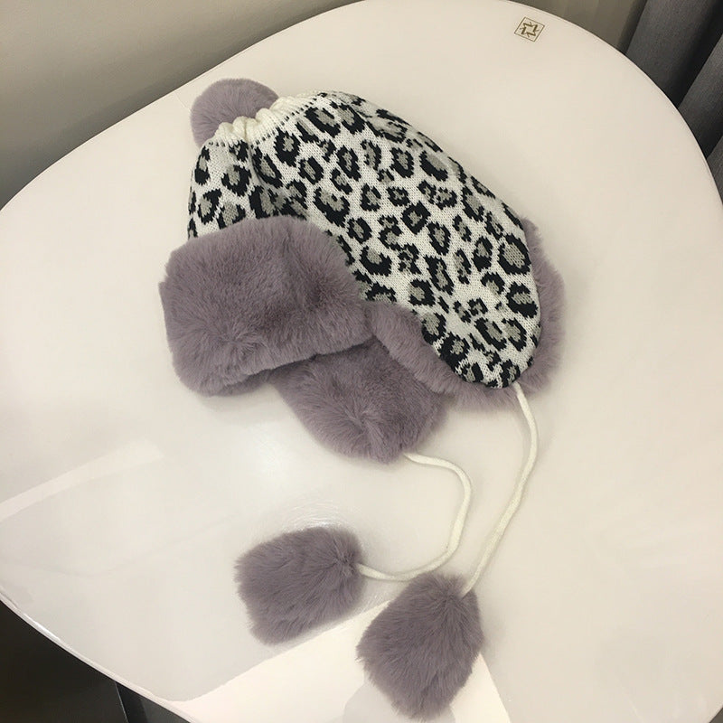 Leopard Print Knitted Earmuffs Hat
