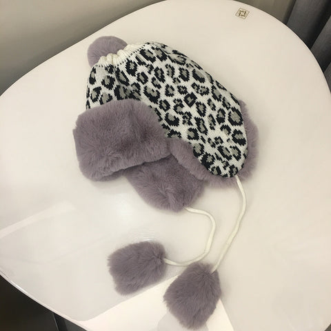 Leopard Print Knitted Earmuffs Hat