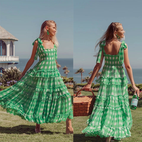 Women's Dress High Waist Green Temperament Commuter Long Dress Strap Chiffon Dress