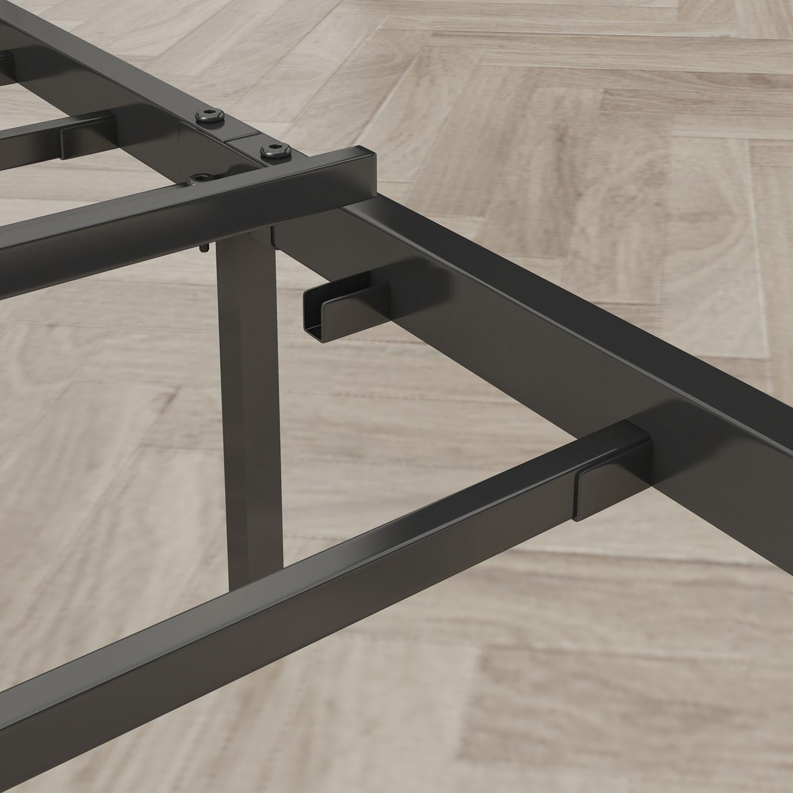 Queen-Size，Full metal bed frame with charging port at the head of the bed.