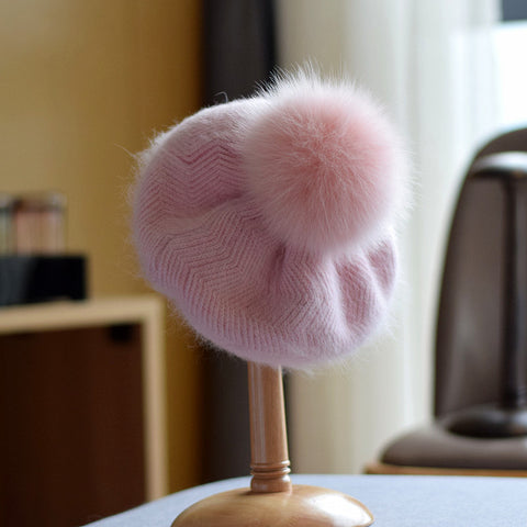 Women's Autumn And Winter Fox Fur Ball Knitted Warm Pile Heap Cap