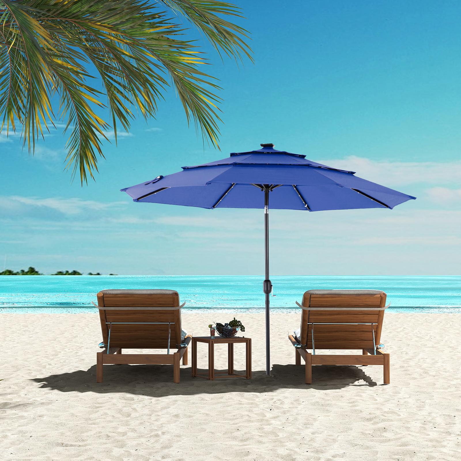 10FT 3-Tier Solar Patio Umbrella with 32 LED Lights, Outdoor Umbrellas with Push Button Tilt and Crank