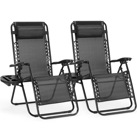 Set of 2 Zero Cravity Lounge Chairs,Outdoor Patio Folding Recliners for Pool Beach with Pillow and Cup Holder, Black