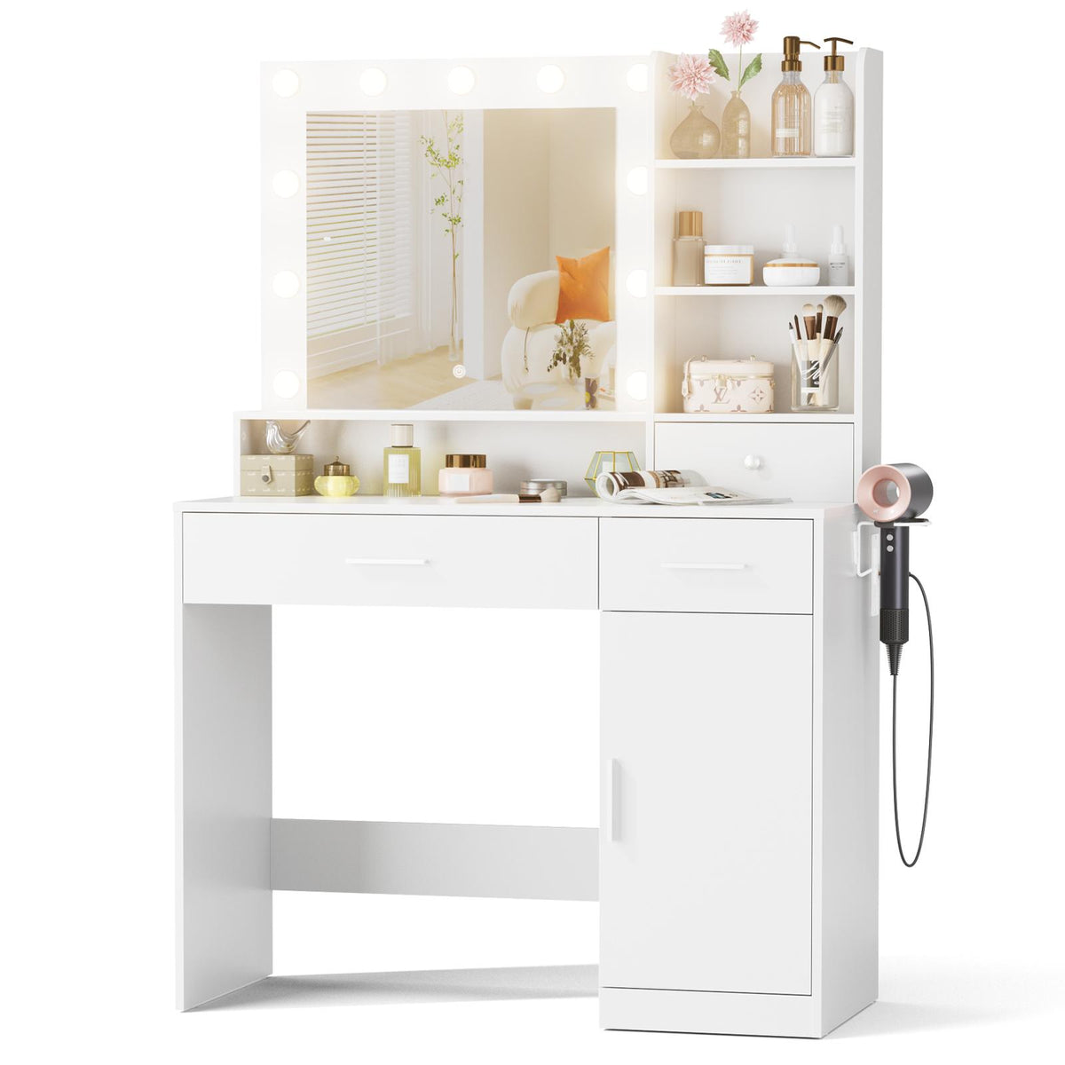 Dressing table and mirror, dressing table and bedroom dressing table with 3-color light options for adjustable brightness, white