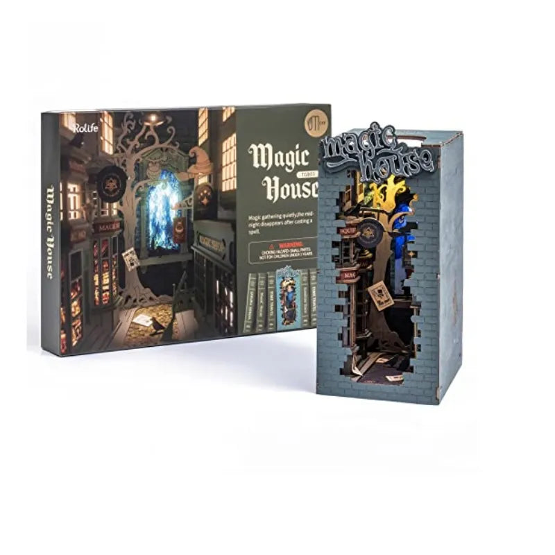 ROBOTIME DIY Book Nook Kit Decorative Booknook Bookshelf Insert Bookcase Book Stand 3D Wooden Puzzle DIY Miniature House Kit with LED Light Model Kit