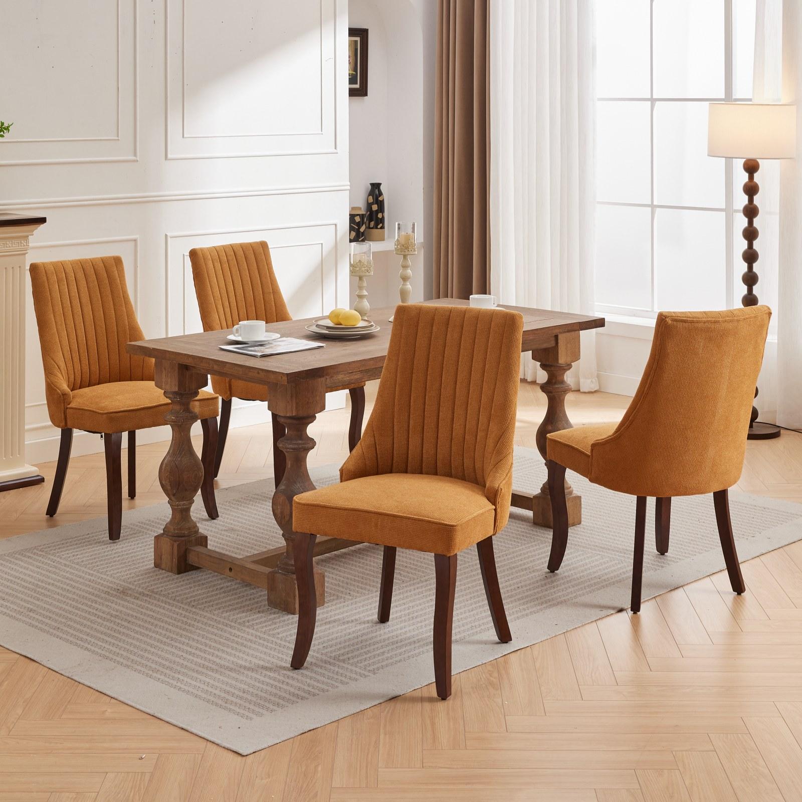 Rayon Cloth Flocking Linen Dining Chairs  Comfy Fabric Upholstered Accent Chair for Dining Room with Curved Solid Wood Legs,Set of 2