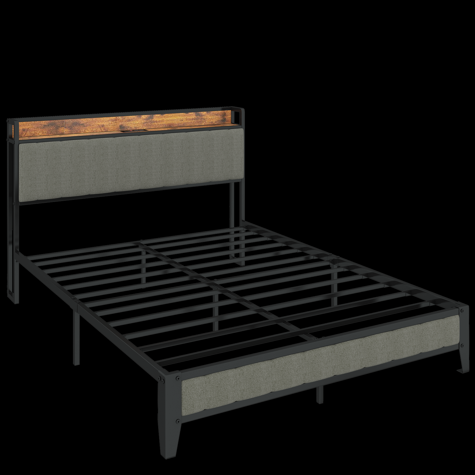 Queen-Size，Full metal bed frame with charging port at the head of the bed.