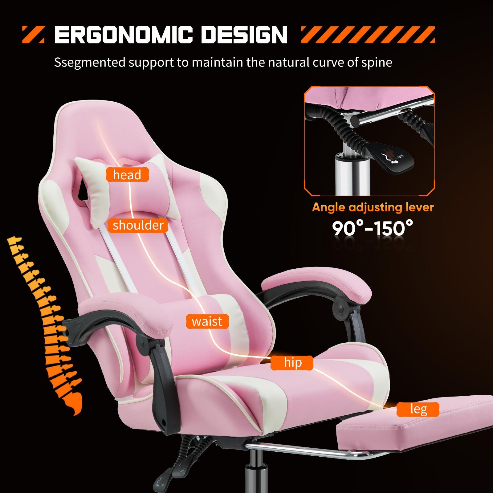 Video Game Desk Chair - Ergonomic Computer with Footrest and Comfy Lumbar Support, PU Leather Recliner with Headrest, Fixed Up Armrest,