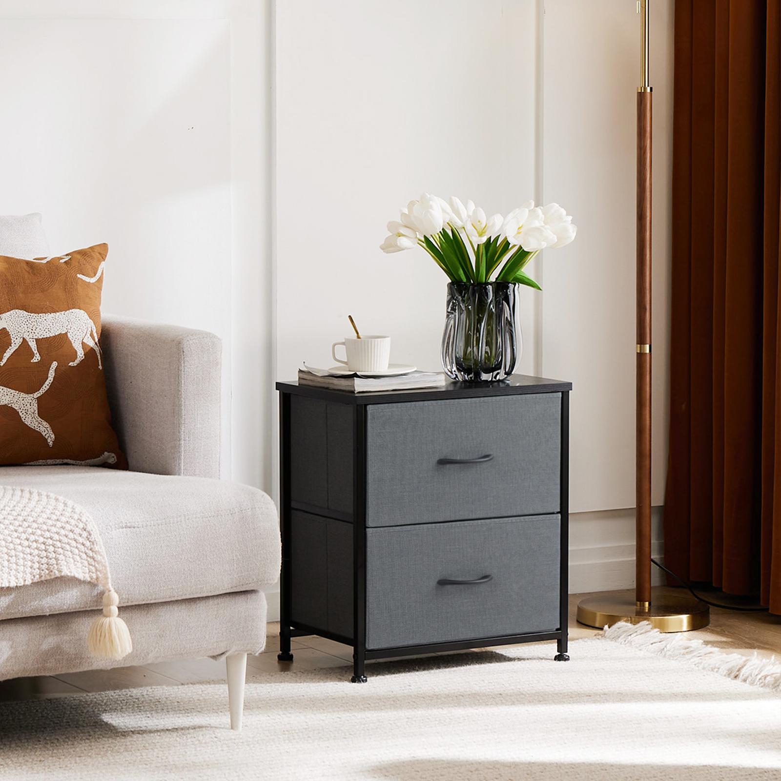 Fabric Dresser with 2 Drawers, Nightstands with Adjustable Feet, End Table for Bedroo, Set of 2