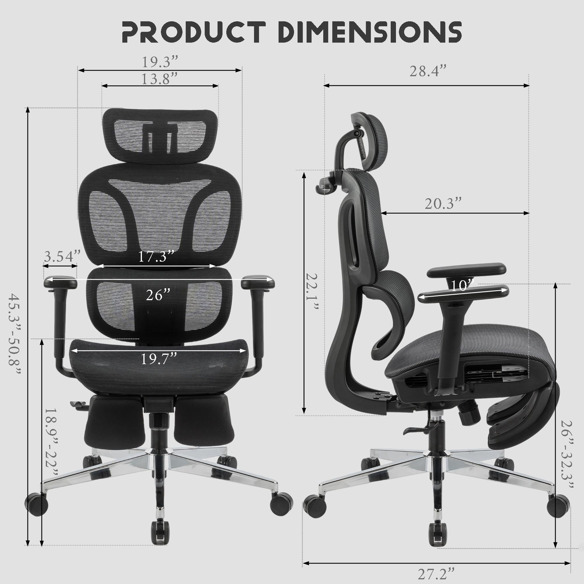 Full mesh office chair, ergonomic office chair, office mesh chair, adjustable headrest, armrests, foot pedals, with hanger