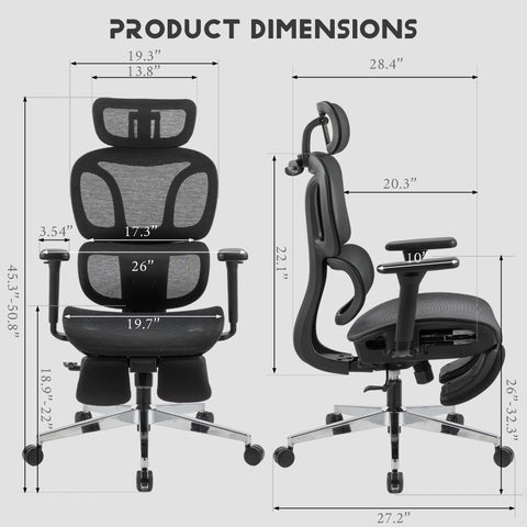 Full mesh office chair, ergonomic office chair, office mesh chair, adjustable headrest, armrests, foot pedals, with hanger