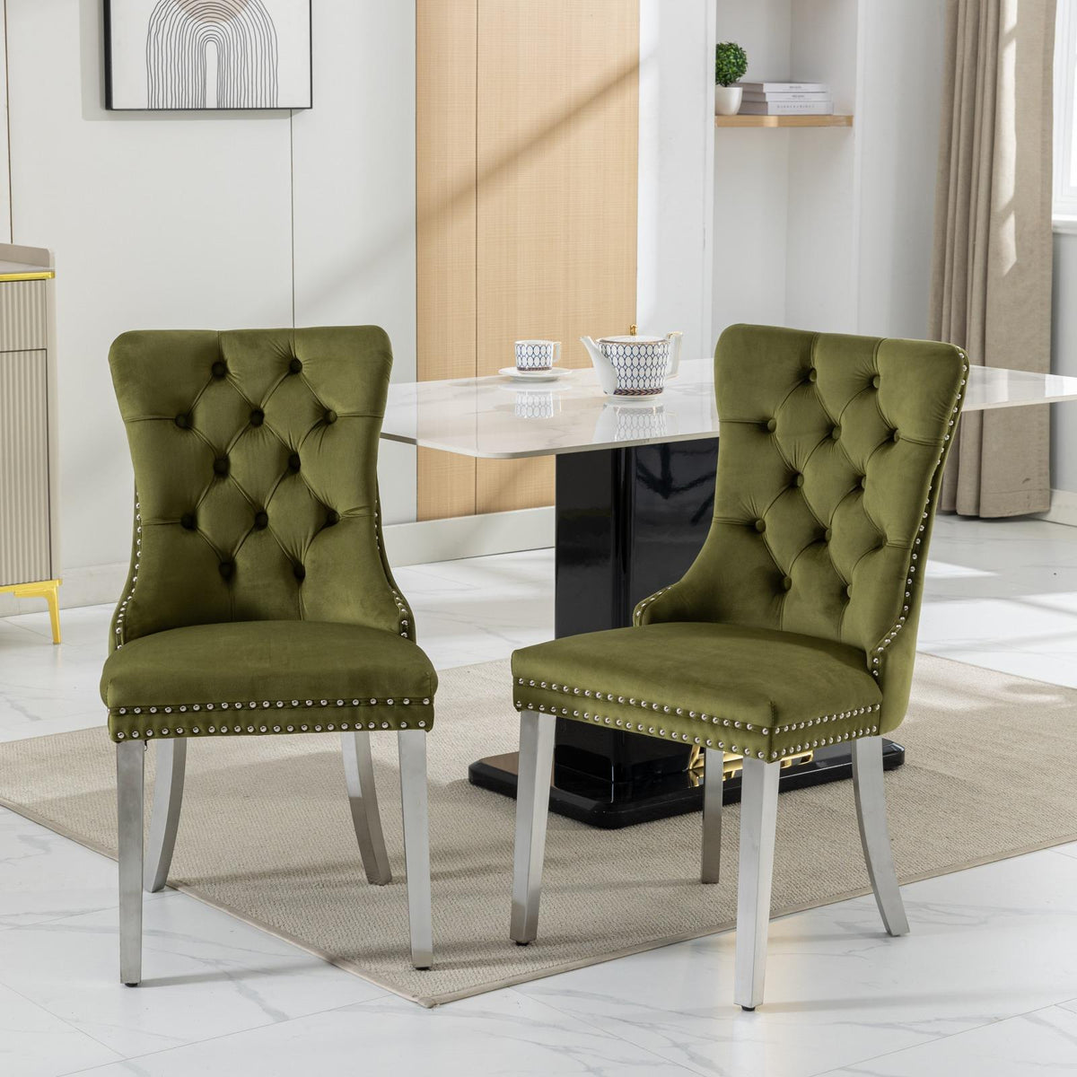 Modern, High-end Tufted Solid Wood Contemporary Velvet Upholstered Dining Chair with Chrome Stainless Steel Plating Legs,Nailhead Trim,Set of 2