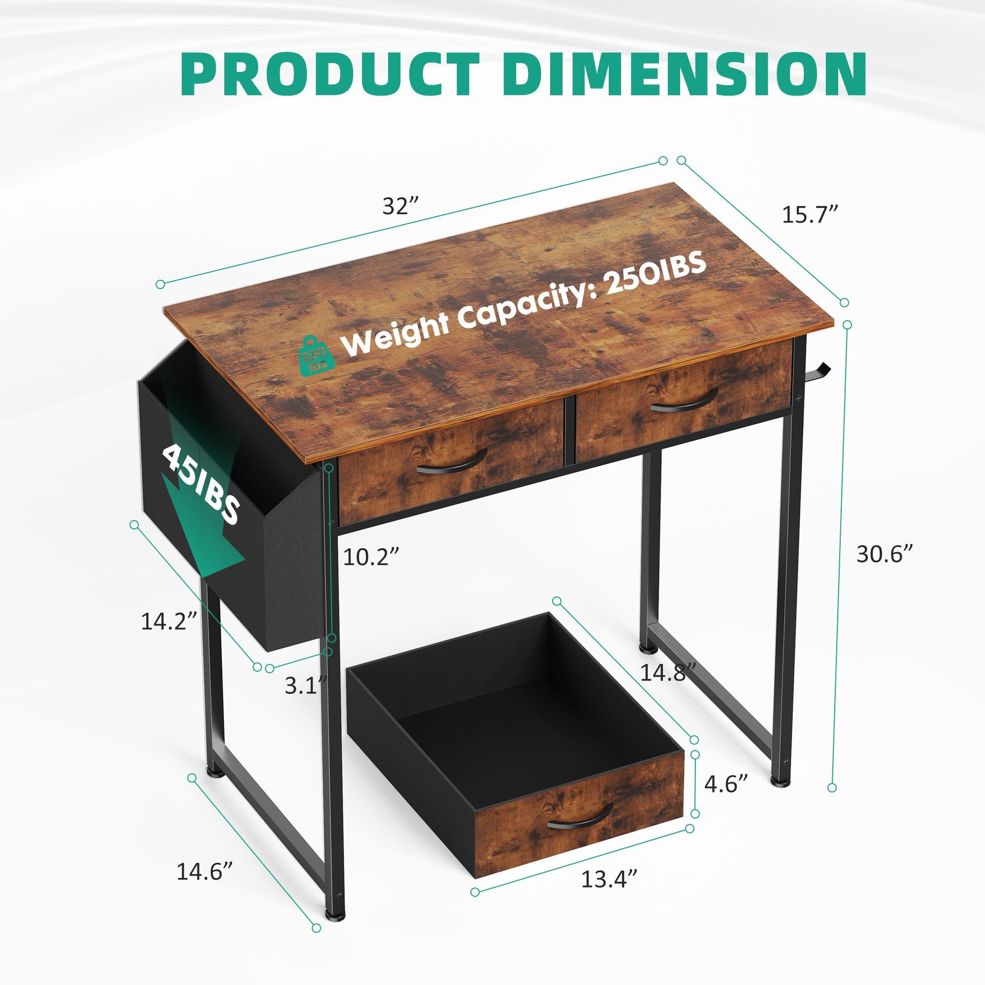 Computer Desk Small Home Office Bedroom Writing Study PC Table with Storage Space Fabric Side Bag Headphone Hook Metal Frame Adjustable