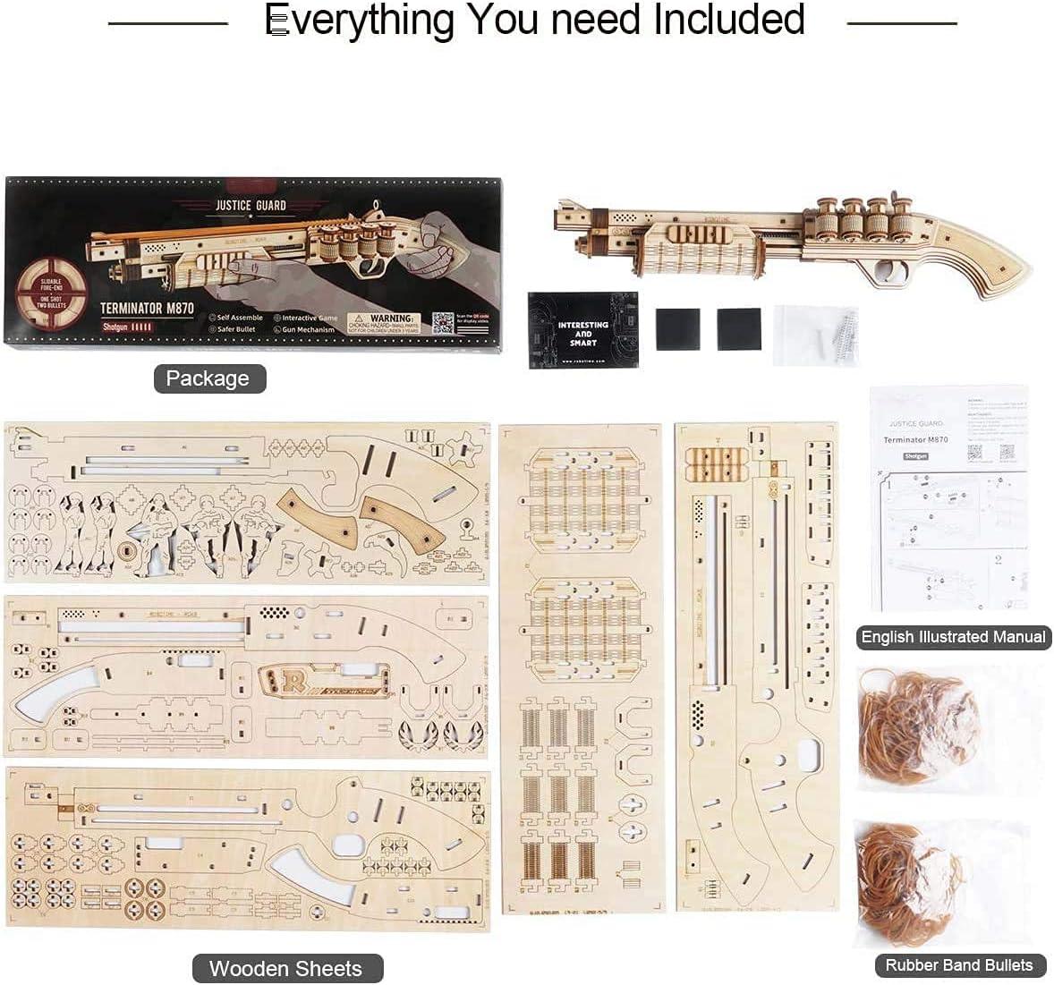 ROBOTIME Wooden Model Kits for Adults Rubber Band Gun 3D Puzzle - TERMINATOR M870 Mechanical Building Construction Wooden Jigsaw Sets