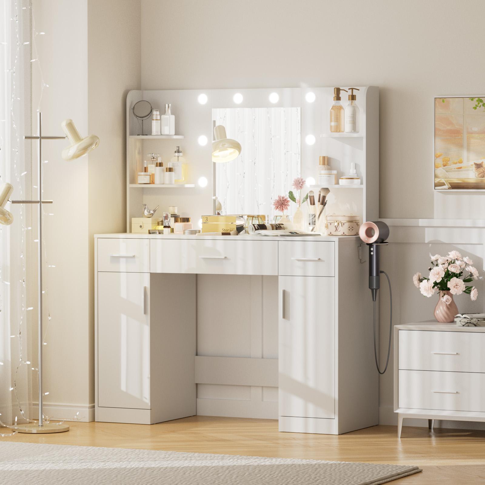 Dressing table and mirror, dressing table and bedroom dressing table with 3-color light options for adjustable brightness, white
