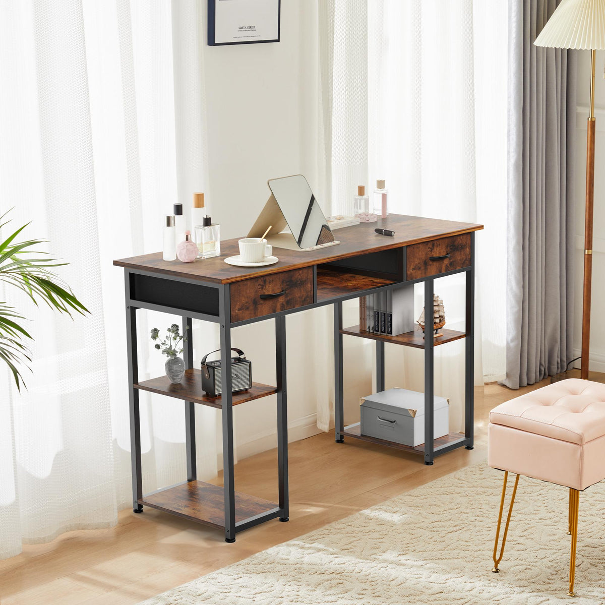 Computer Desk Small Home Office Bedroom Writing Study PC Table with Storage Space Fabric Side Bag Headphone Hook Metal Frame Adjustable