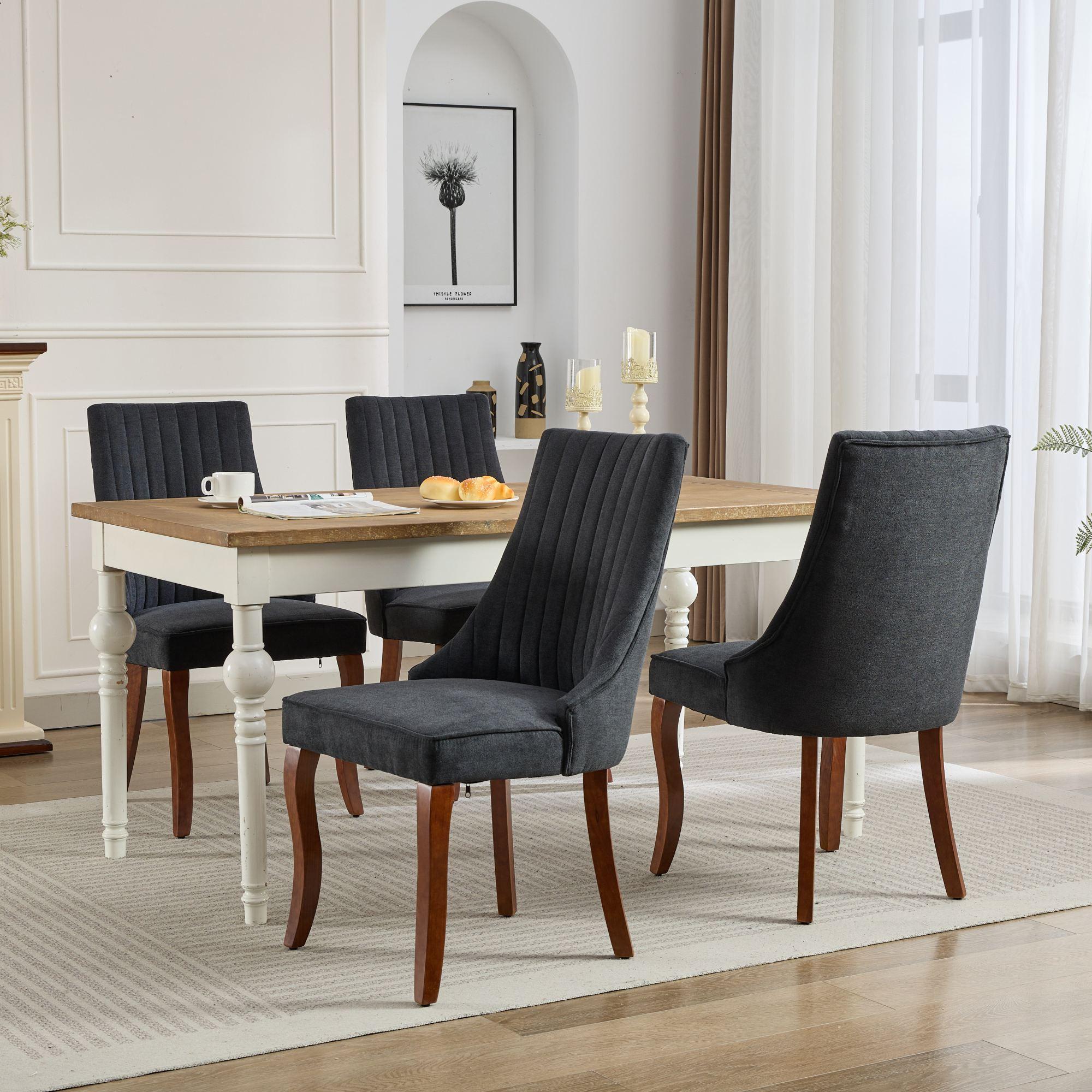 Rayon Cloth Flocking Linen Dining Chairs  Comfy Fabric Upholstered Accent Chair for Dining Room with Curved Solid Wood Legs,Set of 2