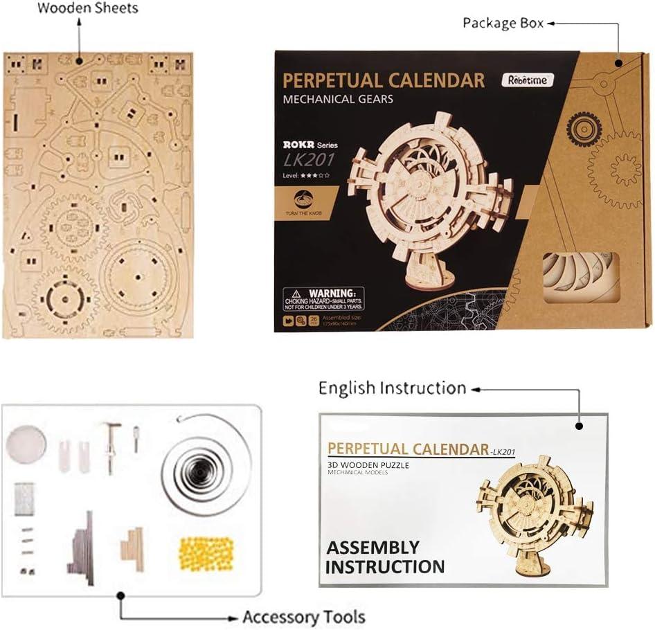 ROBOTIME 3D Wooden Mechanical Puzzle DIY Perpetual Calendar Craft Kits Laser-Cut Model Kit to Build Great Birthday and Christmas Gifts