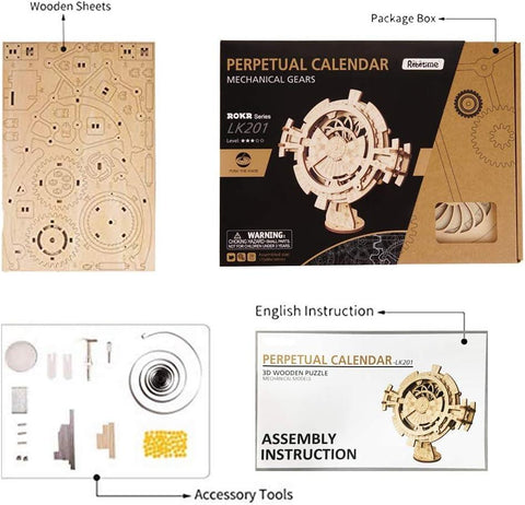ROBOTIME 3D Wooden Mechanical Puzzle DIY Perpetual Calendar Craft Kits Laser-Cut Model Kit to Build Great Birthday and Christmas Gifts