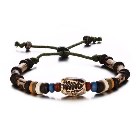 Retro Rotating Fish Bone Bead Bracelet Original Tribal Jewelry for Men Surfer Cuff Braslet Length Adjustable Bangle
