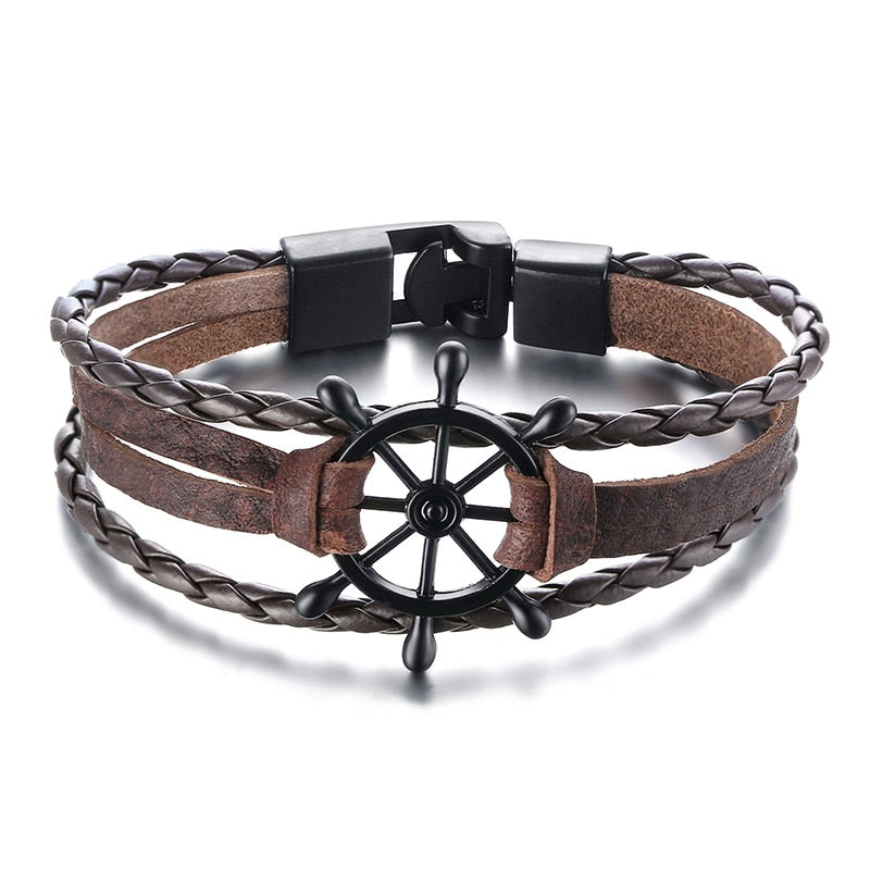 Retro Rotating Fish Bone Bead Bracelet Original Tribal Jewelry for Men Surfer Cuff Braslet Length Adjustable Bangle
