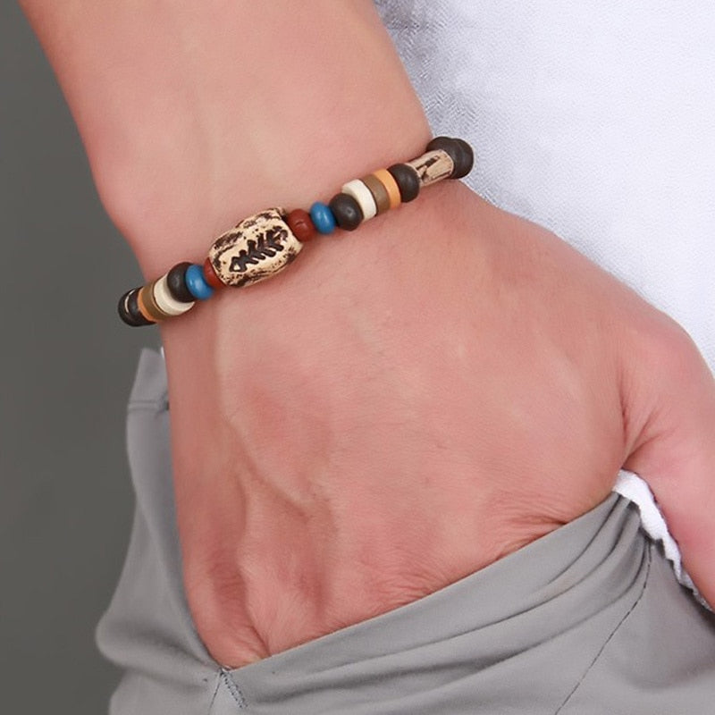 Retro Rotating Fish Bone Bead Bracelet Original Tribal Jewelry for Men Surfer Cuff Braslet Length Adjustable Bangle