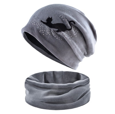 Winter Hat Scarf Sets women's Beanies Knitted wool Skullies Hip Hop cap Rhinestone cat gorros Plus velvet warm hats for women