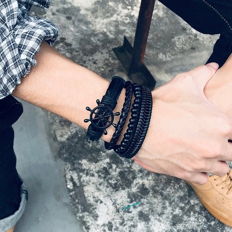 Retro Rotating Fish Bone Bead Bracelet Original Tribal Jewelry for Men Surfer Cuff Braslet Length Adjustable Bangle