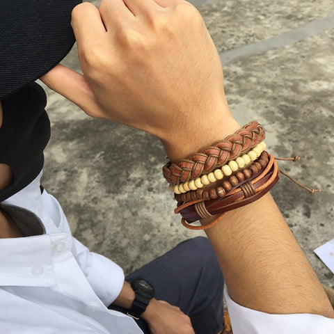 Retro Rotating Fish Bone Bead Bracelet Original Tribal Jewelry for Men Surfer Cuff Braslet Length Adjustable Bangle