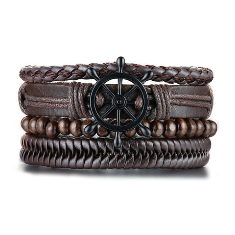 Retro Rotating Fish Bone Bead Bracelet Original Tribal Jewelry for Men Surfer Cuff Braslet Length Adjustable Bangle