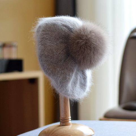 Women's Autumn And Winter Fox Fur Ball Knitted Warm Pile Heap Cap