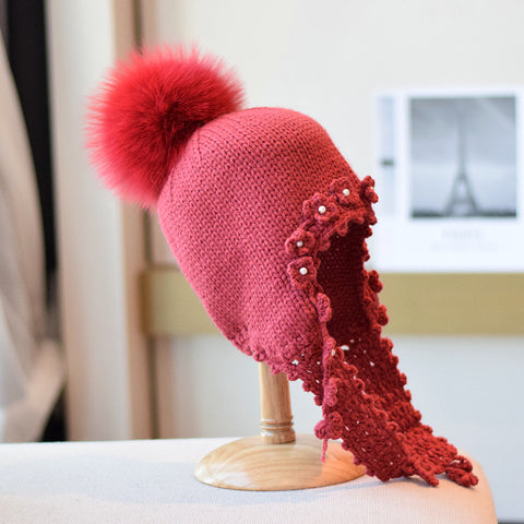 Fox Fur Ball Nail Pearl Long Braid Woolen Cap Female