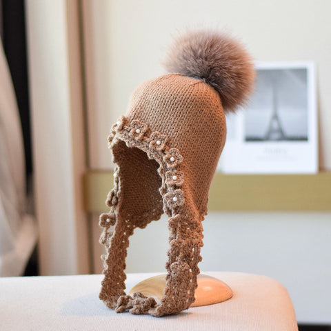 Fox Fur Ball Nail Pearl Long Braid Woolen Cap Female