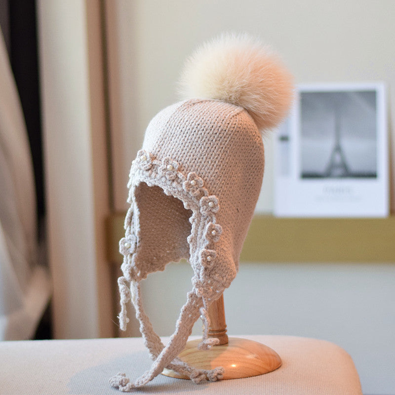 Fox Fur Ball Nail Pearl Long Braid Woolen Cap Female