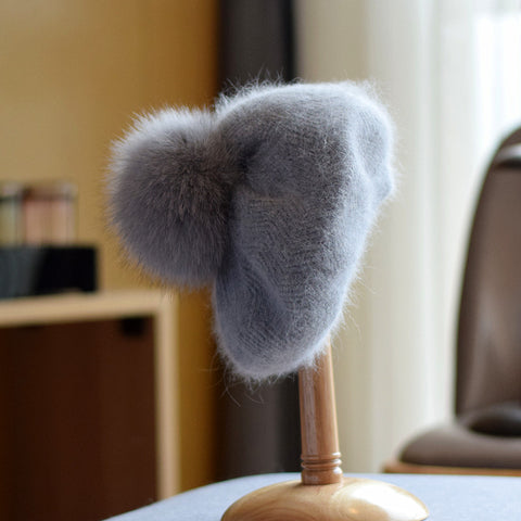 Women's Autumn And Winter Fox Fur Ball Knitted Warm Pile Heap Cap