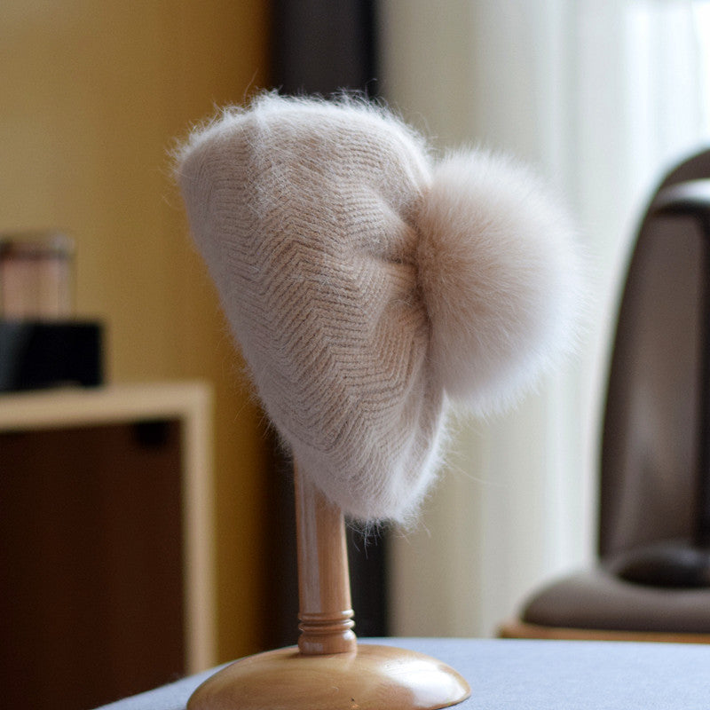 Women's Autumn And Winter Fox Fur Ball Knitted Warm Pile Heap Cap