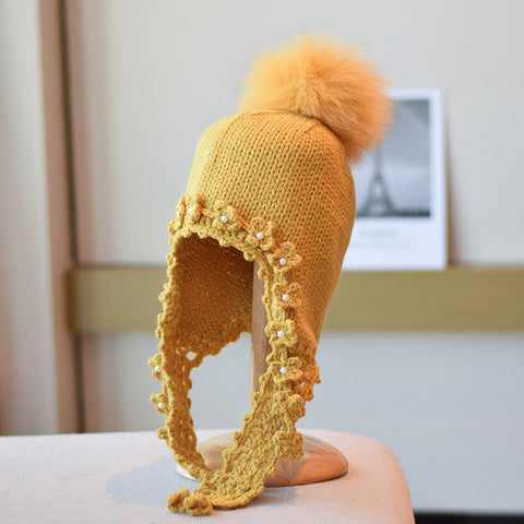 Fox Fur Ball Nail Pearl Long Braid Woolen Cap Female