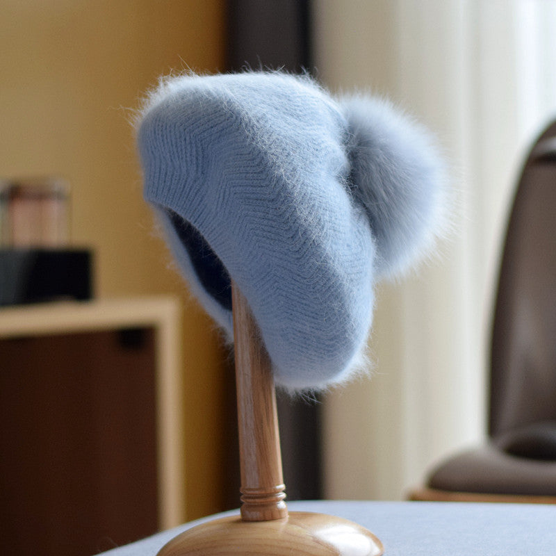 Women's Autumn And Winter Fox Fur Ball Knitted Warm Pile Heap Cap