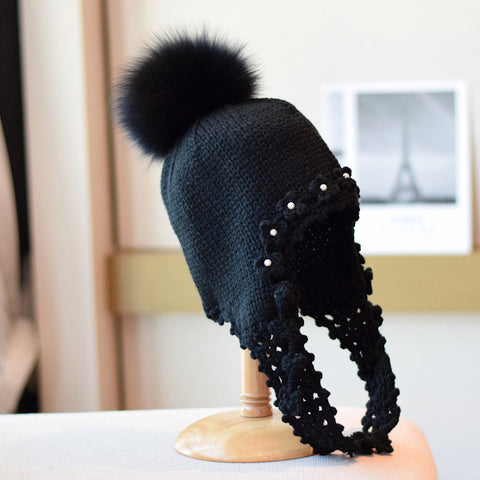 Fox Fur Ball Nail Pearl Long Braid Woolen Cap Female
