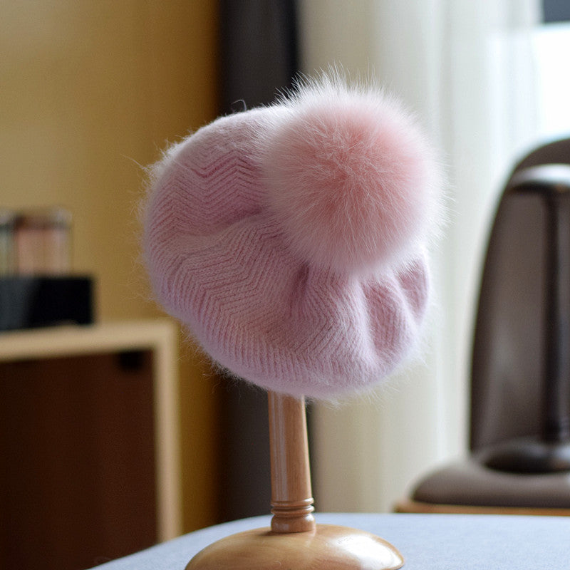 Women's Autumn And Winter Fox Fur Ball Knitted Warm Pile Heap Cap