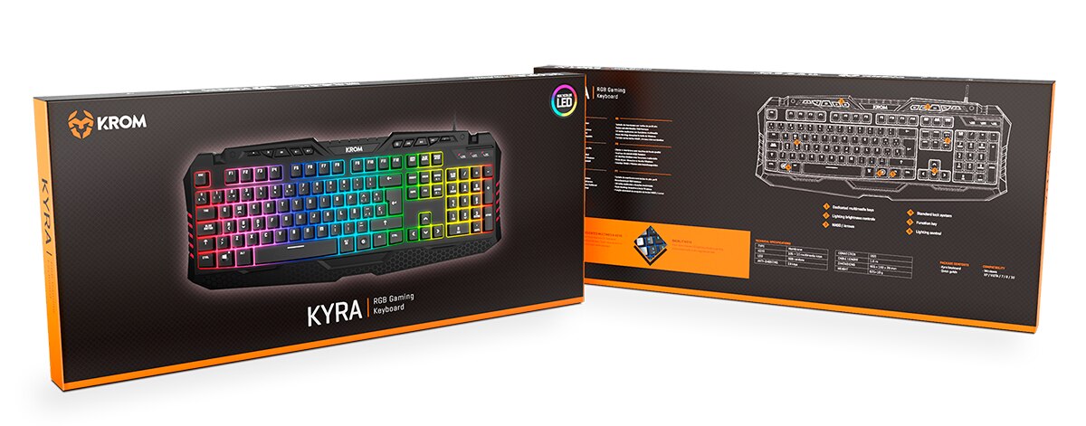 KROM KYRA-membrane Gaming keyboard, en layout, anti-ghosting N-19, WASD function, RGB Rainbow with 9 effects, USB, Black