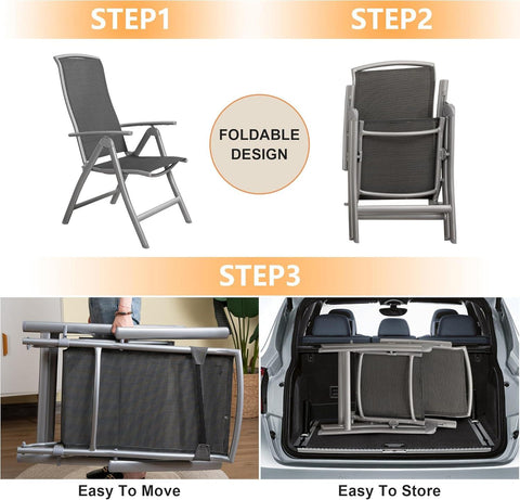 Patio Folding Chairs Set of 2, Aluminium Frame Outdoor Reclining Patio Chairs,Adjustable High Back Lawn Chairs