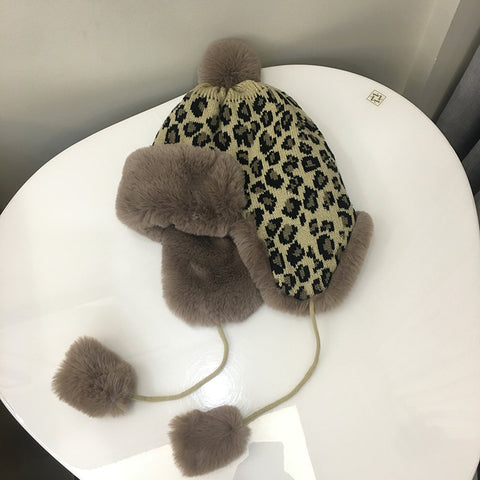 Leopard Print Knitted Earmuffs Hat