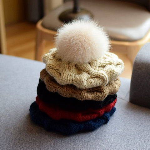 Autumn And Winter Fox Fur Ball Wool Hat For Children