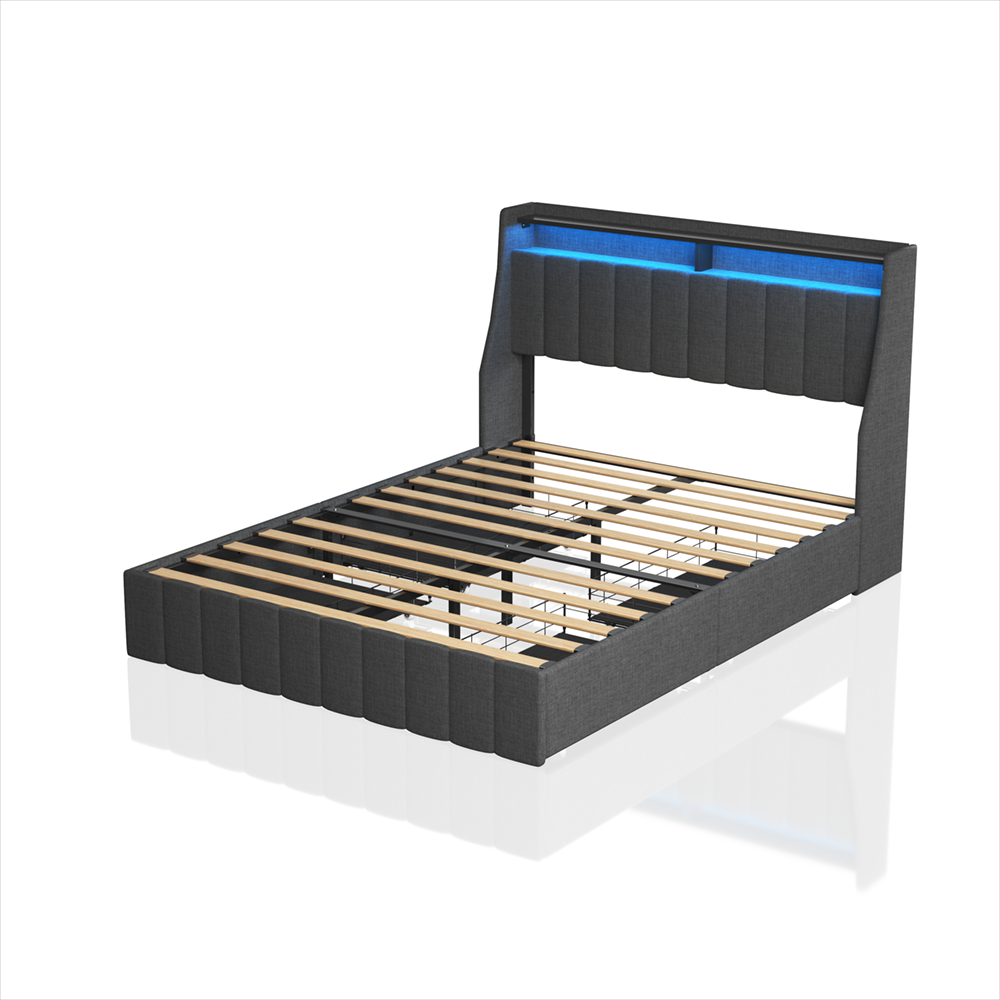 Full-size LED bed frame with winged headboard design for extra storage space