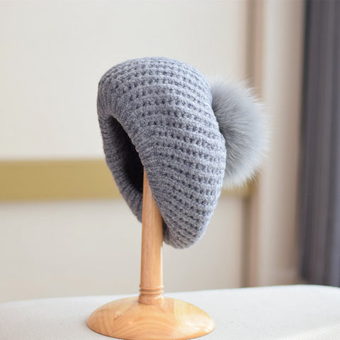 Japan Fox Fur Ball Thickened Warm Beret