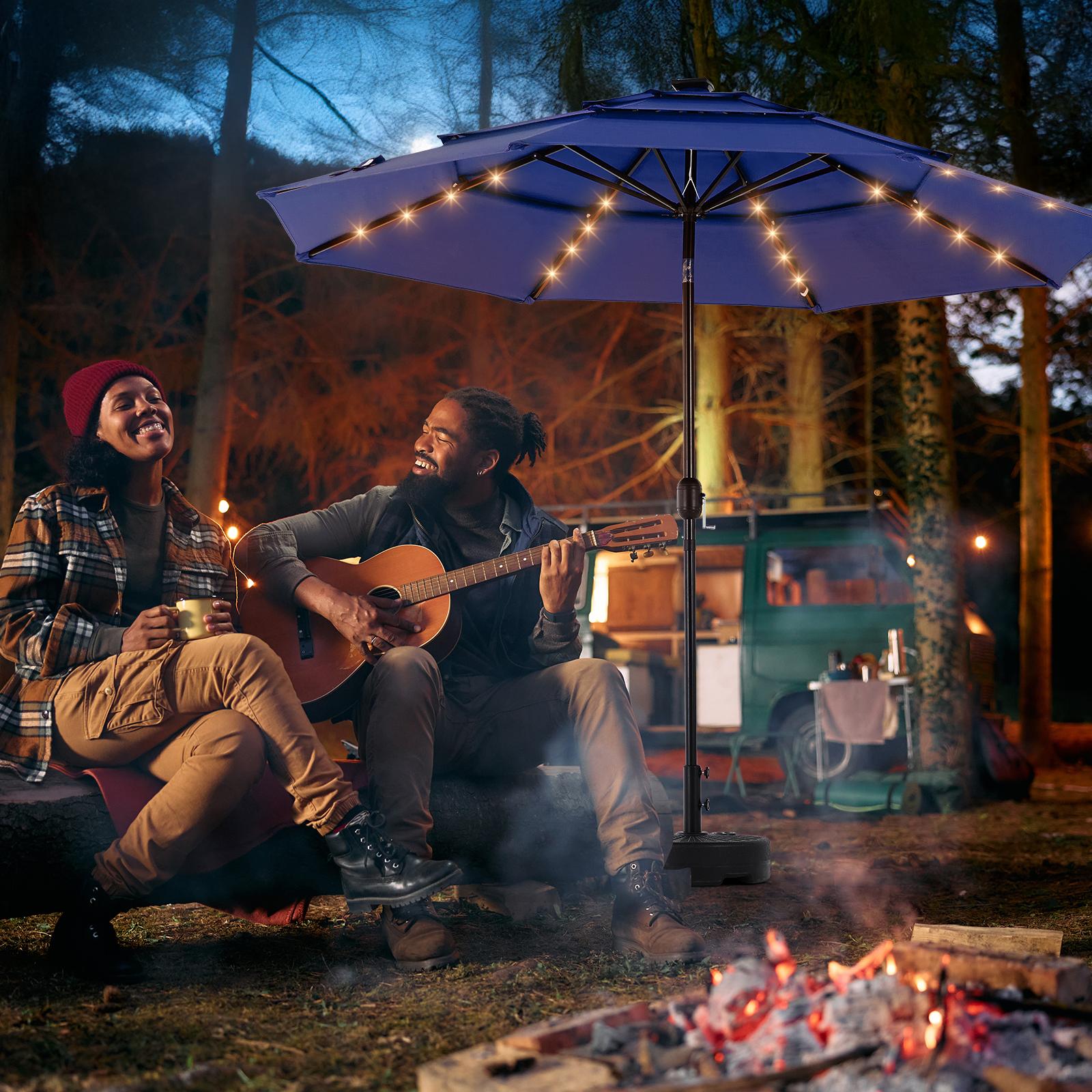 10FT 3-Tier Solar Patio Umbrella with 32 LED Lights, Outdoor Umbrellas with Push Button Tilt and Crank